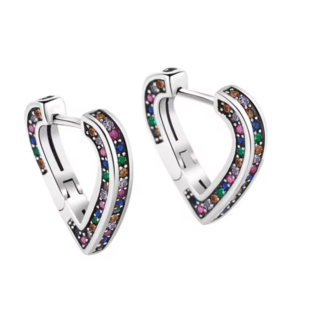 925 Sterling Silver Heart Huggie Earrings wih  CZ Stones